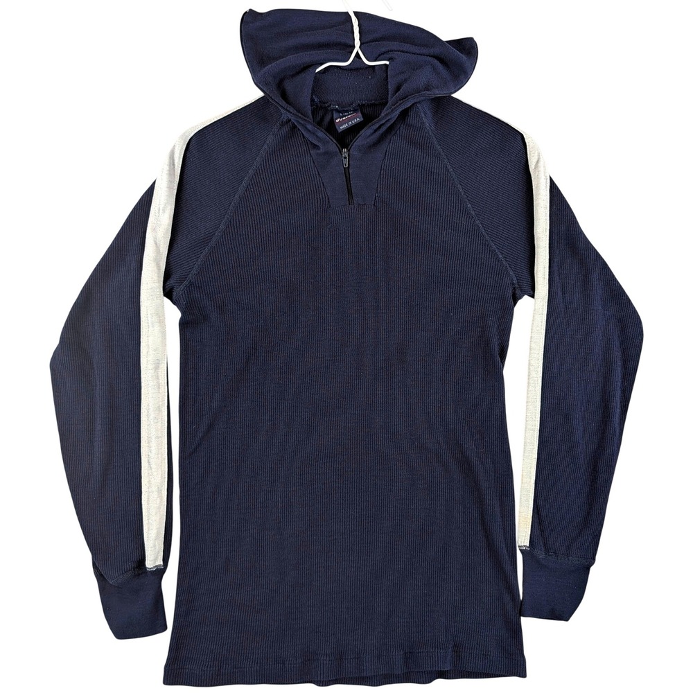 Duofold Mens Large Navy Blue Thermax Polyester 1/4 Zip Hooded Base Layer USA